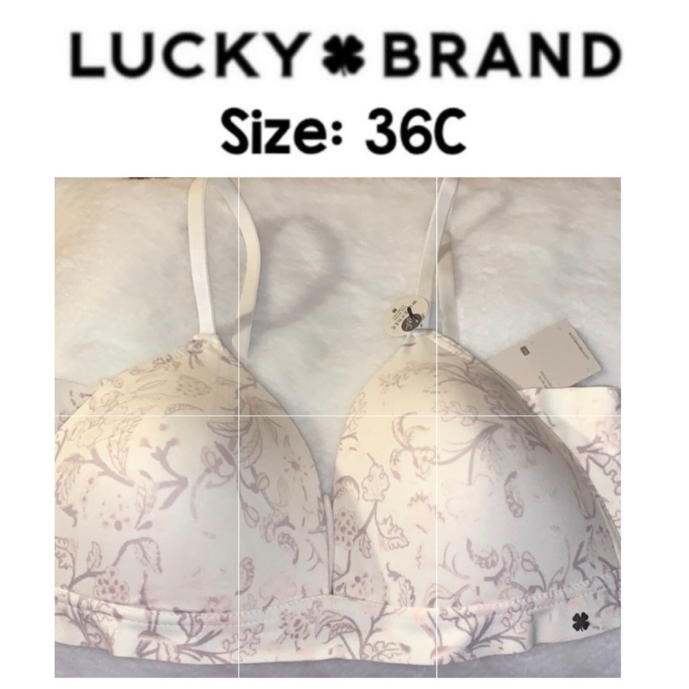 🎅🎯 LUCKY BRAND Ivory Floral Print Triangle Bra Wirefree Extra Comfort NWT 36C